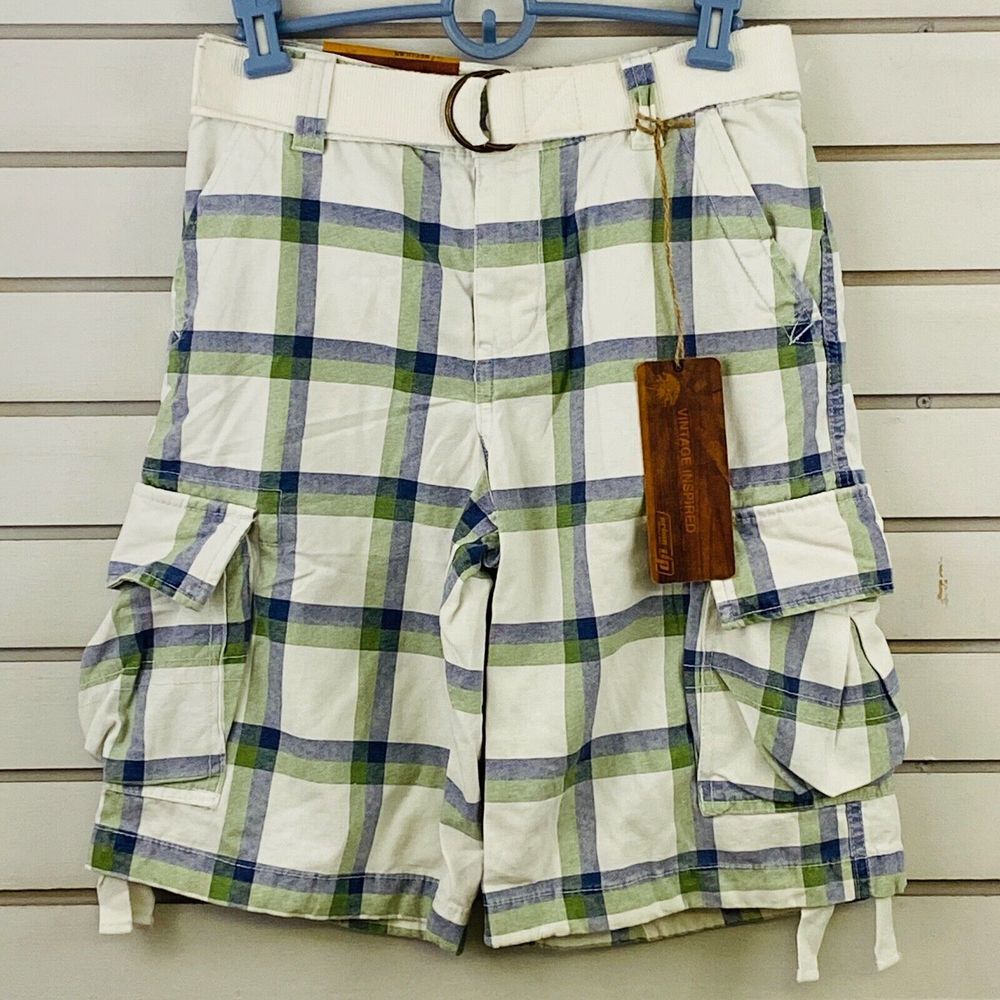 Youth Boys 16 Urban Pipeline Cargo Shorts Plaid Blue Green Belt 11" Inseam‎ New